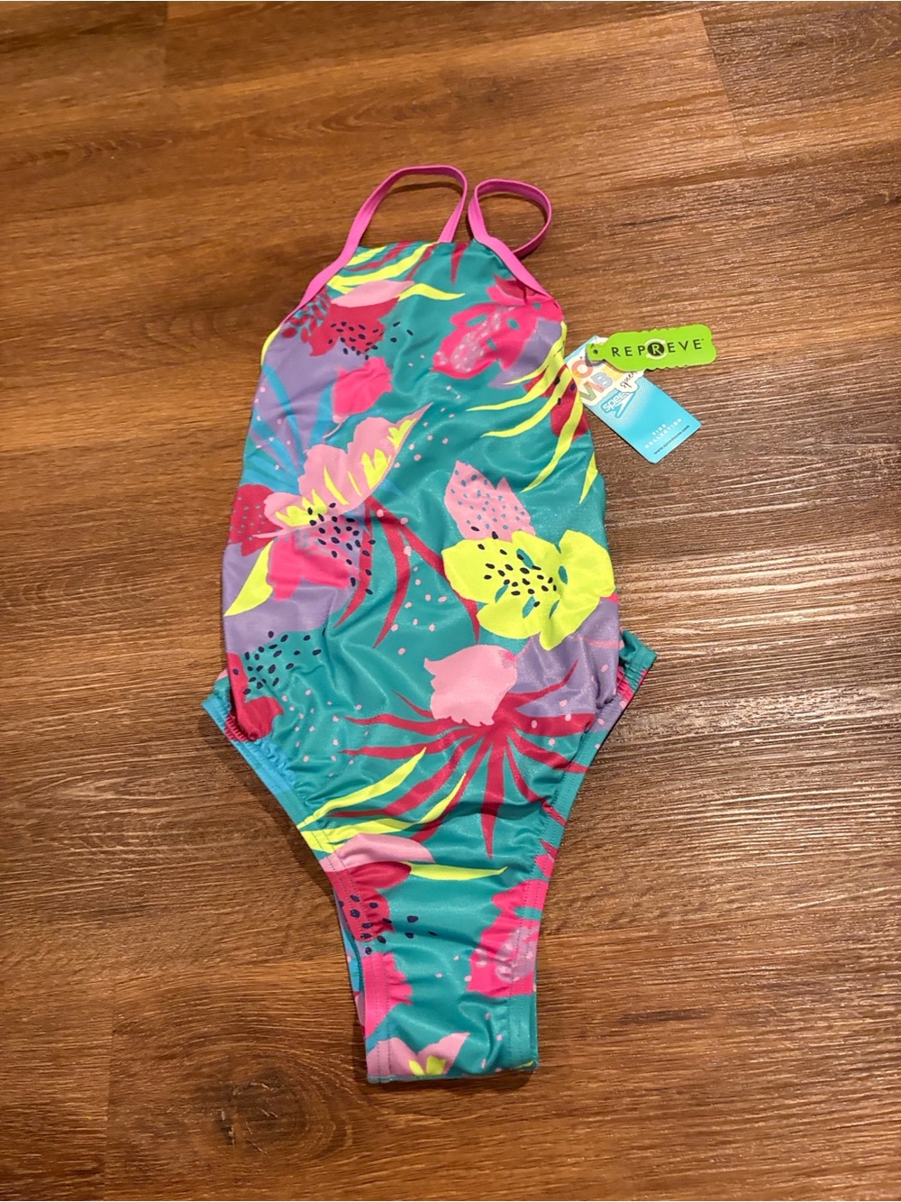 Speedo Girls' Teal One-Piece Swimsuit with Neon Floral Print